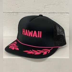 Vintage 80s “Hawaii” Embroidered Hot Pink on Black and Mesh Trucker SnapBack OS